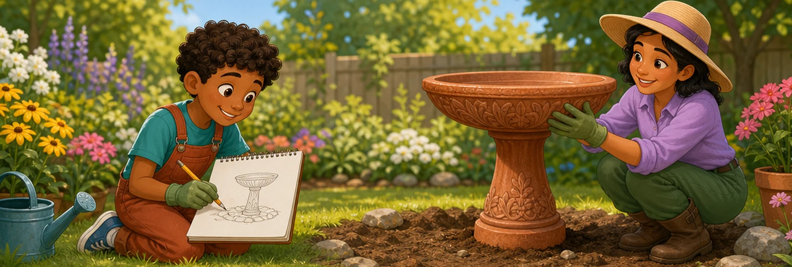 Illustrated scene 1 from The Wobbly Birdbath