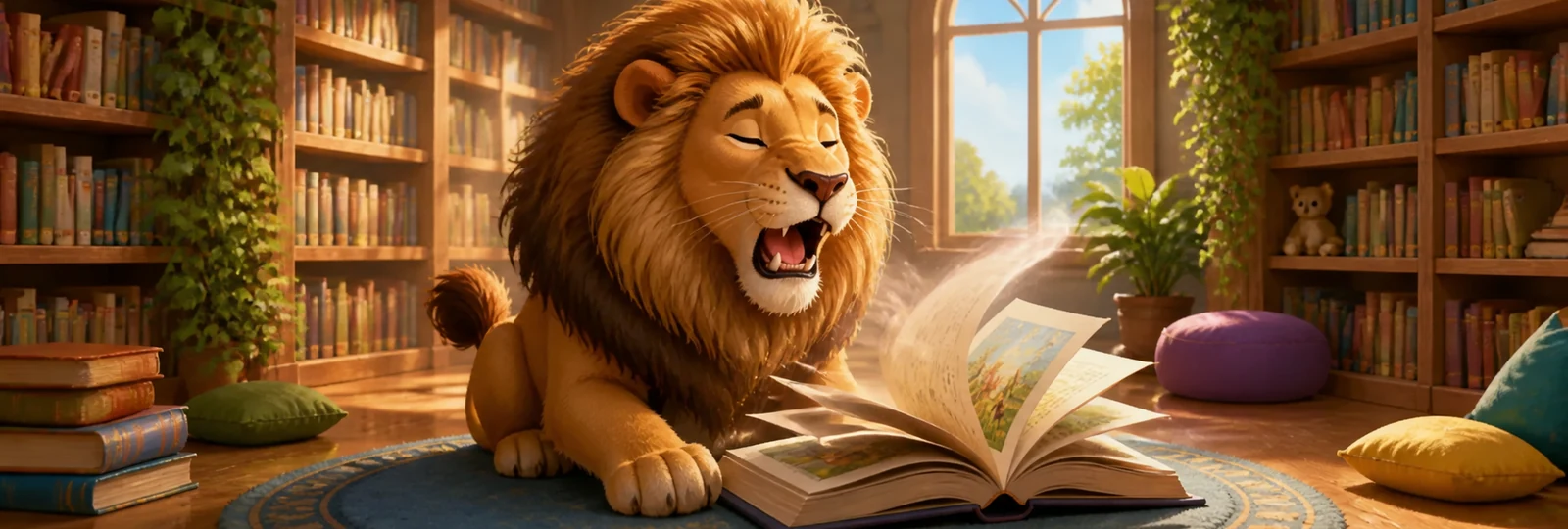 Illustrated scene 1 from Lion at the Library