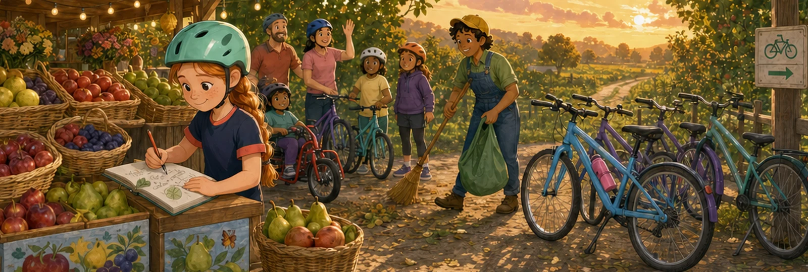 Illustrated scene 3 from Bikes Through the Orchard
