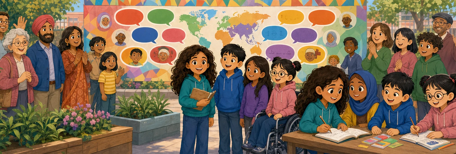 Illustrated scene 3 from A Welcome in Many Languages